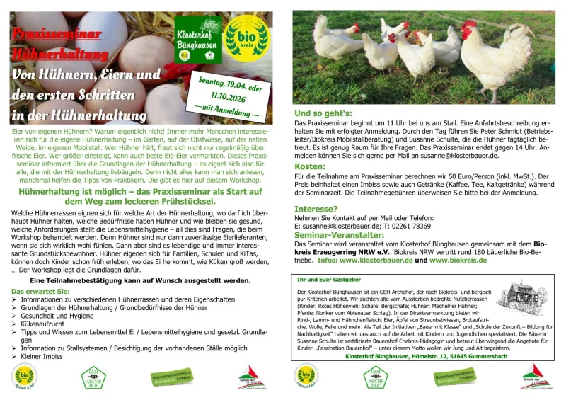 11. Oktober 2026: PraxisSeminar "Einführung in die - ökologische - Hühnerhaltung"