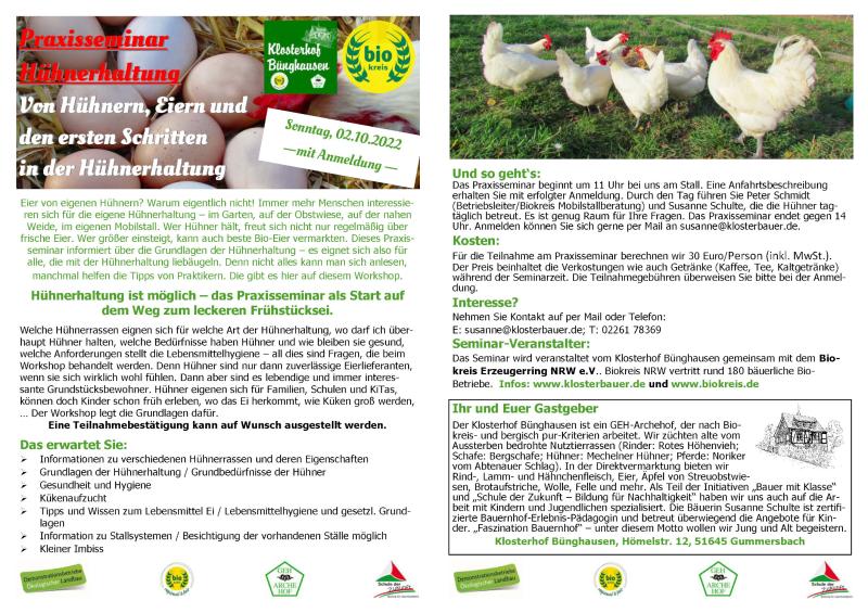 2. Oktober 2022 PraxisWorkShop "Einführung in die ökologische Hühnerhaltung"