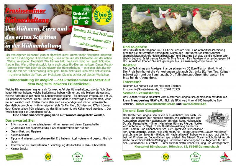 Ausgebucht! 25. Juli: PraxisSeminar "Einführung in die - ökologische - Hühnerhaltung"