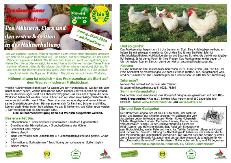 28. April 2024: PraxisSeminar "Einführung in die - ökologische - Hühnerhaltung"